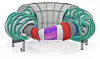Überblick über Stellaris. Hier sind die nicht planaren modularen Spulen (grün), die Trägerstruktur (hellgrau) und der Kryostat (äußerste graue Schale) zu sehen. Der rote Bereich zeigt die Decke an. Die blauen „Streifen“ um das (rosa) Plasma zeigen die Lage der magnetischen Inseln, die zur Ablenkung des Plasmas am Rand dienen. Eine Schnittstelle für die Sektorspaltung ist blau dargestellt. Der Innenradius des Kryostaten beträgt 6,5 m, der Außenradius 18 m. Zur Veranschaulichung ist eine Person abgebildet. Übersetzt mit DeepL.com (kostenlose Version)
