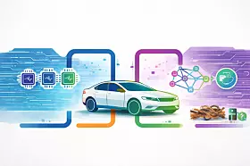 Illustration eines generischen, elektrisch angetriebenen Fahrzeugs im Kontext der Zusammenarbeit von BMW Group und Infineon Technologies zur Entwicklung der „Neue Klasse“ als software-definiertes Fahrzeug (Software-Defined Vehicle, SDV). Das stilisierte Elektroauto steht im Zentrum und symbolisiert die neue E/E-Architektur der BMW Neue Klasse. Links visualisieren Mikrochip-Elemente die zentrale Rechenleistung mit AURIX-Mikrocontrollern und TRAVEO-Mikrocontrollern von Infineon, die als „Superbrains“ für Fahrdynamik, automatisiertes Fahren, Infotainment und Basisfunktionen dienen. Farbig dargestellte Datenleitungen stehen für Hochgeschwindigkeits-Ethernet-Kommunikation mit BRIGHTLANE-Technologie, die Echtzeit-Vernetzung, geringe Latenz und Over-the-Air-Updates (SOTA) ermöglicht. Rechts symbolisieren Netzwerk-Icons und Energieelemente das intelligente Power-Management mit OPTIREG-Spannungsreglern sowie PROFET Smart Power Switches und eFuses für softwaregesteuerte Energieverteilung. Die Grafik steht für die Transformation hin zur zonalen Architektur mit Zone Control Units (ZCU), reduziertem Kabelbaum, effizienter Stromverteilung, verbesserter Energieeffizienz und nachhaltiger Elektromobilität. Thematisiert werden die Partnerschaft zwischen Infineon und BMW Group, die BMW iX3 als erstes Modell der Neue Klasse, zentrale Fahrzeugcomputer wie das „Heart of Joy“, softwaredefinierte Fahrzeugarchitektur, Automotive-Halbleiter, zentrale Recheneinheiten, digitale Fahrzeugplattform, Elektrifizierung, Digitalisierung und nachhaltige Mobilität.