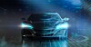 Futuristischer Sportwagen in einer blau leuchtenden digitalen Szenerie mit Rasterboden und Datenvisualisierung.