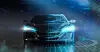Futuristischer Sportwagen in einer blau leuchtenden digitalen Szenerie mit Rasterboden und Datenvisualisierung.