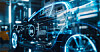 Futuristisches Auto mit leuchtenden digitalen Overlays in einer blau beleuchteten technischen Umgebung.