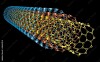 Farbiges 3D-Modell einer röhrenförmigen Nanostruktur auf schwarzem Hintergrund.