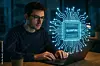 Ein Mann sitzt am Laptop; daneben schwebt eine leuchtende Grafik eines Chips mit der Aufschrift „QUANTUM“.