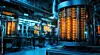 Leuchtende, zylindrische Bauteile in einer blau beleuchteten Hightech-Anlage im Labor.