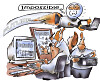 Karikatur mit einem fliegenden Roboter über mehreren Büroangestellten, Computern und Papierstapeln.