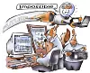 Karikatur mit einem fliegenden Roboter über mehreren Büroangestellten, Computern und Papierstapeln.
