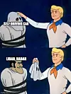 Zweiteiliges Scooby-Doo-Meme: Oben ist eine maskierte Figur mit der Beschriftung „Self-driving car“ zu sehen. Unten wird die Maske abgezogen, darunter erscheint eine Figur mit der Beschriftung „Lidar, Radar“. Das Meme zeigt, dass hinter dem Schlagwort selbstfahrendes Auto vor allem konkrete Sensorik und technische Systeme wie Lidar, Radar, Kameras, Sensorfusion und Algorithmen stecken. Für Ingenieure ist das lustig, weil es den Marketingbegriff „Self-driving car“ entzaubert: Was für Außenstehende fast wie Magie wirkt, besteht in der Praxis aus Messdaten, Sensorgrenzen, Signalverarbeitung, Redundanz, Klassifikation und Validierung. Der Humor entsteht aus der simplen Enthüllung, dass autonome Mobilität ohne diese oft sperrige Basistechnik nicht funktioniert.