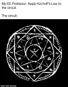 Meme mit großem Text oben: „My EE Professor: Apply Kirchhoff’s Law to the circuit. The circuit:“ Darunter ist auf schwarzem Hintergrund ein weiß gezeichneter, komplexer magischer Kreis mit geometrischen Formen, Symbolen, Dreiecken, Linien und pseudo-mystischen Zeichen zu sehen. Das Meme ist für Elektroingenieure lustig, weil es schwierige Schaltungen und Netzwerkanalysen humorvoll als dunkle Magie darstellt. Kirchhoffsche Regeln sind in der Elektrotechnik eigentlich Grundlagenwissen, doch bei unübersichtlichen Maschennetzen, vielen Knoten, Stromrichtungen und Vorzeichenfehlern fühlt sich die Anwendung oft tatsächlich wie ein Ritual an. Der Witz liegt darin, dass eine mathematisch lösbare Aufgabe optisch und emotional wie eine okkulte Beschwörung überhöht wird.