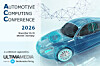 Werbegrafik mit blauem Auto, Netzwerk-Linien und Text zur Automotive Computing Conference 2026 in München.