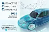 Werbegrafik mit blauem Auto, Netzwerk-Linien und Text zur Automotive Computing Conference 2026 in München.
