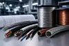 Rollen mit Kupferdraht und mehrere Stromkabel liegen auf einer Metallfläche in einer Werkstatt.
