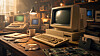 Stimmungsvolle, breitformatige Darstellung eines mit historischer Computertechnik gefüllten Arbeitsraums. Im Mittelpunkt steht ein beigefarbener Retro-Computer mit großem, tiefem Röhrenmonitor, abgerundeter Bildröhre und dunkler, ausgeschalteter Bildschirmfläche. Der Monitor steht auf einem ebenfalls beigefarbenen Rechnergehäuse mit horizontalem Diskettenlaufwerk. Davor liegt auf einem Holztisch eine kompakte Tastatur mit hohen, hellen Tasten. Rechts neben dem Rechner verläuft ein spiralförmig aufgewickeltes Kabel. Am rechten Bildrand sind mehrere schwarze und helle Disketten beziehungsweise Datenträger aufeinandergestapelt. Eine große schwarze Diskette lehnt aufrecht vor dem Stapel.

Auf dem Tisch liegen weitere magnetische Datenträger aus verschiedenen Computerzeitaltern. Zu sehen sind mehrere lose Disketten, teilweise ohne Gehäuse oder mit sichtbaren runden Magnetscheiben, außerdem helle Papieretiketten und einzelne Kunststoffhüllen. Im vorderen rechten Bildbereich befindet sich eine grüne Leiterplatte mit zahlreichen schwarzen integrierten Schaltungen, elektronischen Bauteilen, Leiterbahnen und Steckverbindungen. Die Platine ist im Vordergrund leicht unscharf dargestellt und verweist auf die elektronische Hardware im Inneren der historischen Rechner.

Links neben dem Hauptrechner stehen eine helle Kaffeetasse, ein aufgeschlagenes beziehungsweise geschlossenes Spiralnotizbuch und ein Stift auf dem Holztisch. Im Hintergrund sind mehrere weitere ältere Computer und Monitore zu erkennen. Links steht ein beigefarbener Rechner mit integrierter Tastatur und grünlich leuchtendem Röhrenbildschirm. Daneben befinden sich kleinere Monitore mit bläulich und grünlich schimmernden Anzeigen. Die Geräte sind bewusst unscharf gehalten und lassen sich keinem bestimmten Hersteller oder Modell eindeutig zuordnen.

Eine schwarze Schreibtischlampe beleuchtet den Arbeitsplatz mit warmem Licht. Zusätzlich fällt von links Sonnenlicht durch waagerechte Jalousien in den Raum. Regale, weitere elektronische Geräte und schwach leuchtende Lampen verschwimmen im Hintergrund. Die warmen Braun-, Beige- und Goldtöne, die geringe Tiefenschärfe und das weiche Licht erzeugen eine nostalgische Werkstattatmosphäre, die an Heimcomputer, Diskettenlaufwerke und Elektronikarbeitsplätze der 1980er- und frühen 1990er-Jahre erinnert. Das Bild enthält keine Personen, keine Logos, keine erkennbaren Markennamen und keine lesbaren Bildschirminhalte.