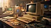 Stimmungsvolle, breitformatige Darstellung eines mit historischer Computertechnik gefüllten Arbeitsraums. Im Mittelpunkt steht ein beigefarbener Retro-Computer mit großem, tiefem Röhrenmonitor, abgerundeter Bildröhre und dunkler, ausgeschalteter Bildschirmfläche. Der Monitor steht auf einem ebenfalls beigefarbenen Rechnergehäuse mit horizontalem Diskettenlaufwerk. Davor liegt auf einem Holztisch eine kompakte Tastatur mit hohen, hellen Tasten. Rechts neben dem Rechner verläuft ein spiralförmig aufgewickeltes Kabel. Am rechten Bildrand sind mehrere schwarze und helle Disketten beziehungsweise Datenträger aufeinandergestapelt. Eine große schwarze Diskette lehnt aufrecht vor dem Stapel.

Auf dem Tisch liegen weitere magnetische Datenträger aus verschiedenen Computerzeitaltern. Zu sehen sind mehrere lose Disketten, teilweise ohne Gehäuse oder mit sichtbaren runden Magnetscheiben, außerdem helle Papieretiketten und einzelne Kunststoffhüllen. Im vorderen rechten Bildbereich befindet sich eine grüne Leiterplatte mit zahlreichen schwarzen integrierten Schaltungen, elektronischen Bauteilen, Leiterbahnen und Steckverbindungen. Die Platine ist im Vordergrund leicht unscharf dargestellt und verweist auf die elektronische Hardware im Inneren der historischen Rechner.

Links neben dem Hauptrechner stehen eine helle Kaffeetasse, ein aufgeschlagenes beziehungsweise geschlossenes Spiralnotizbuch und ein Stift auf dem Holztisch. Im Hintergrund sind mehrere weitere ältere Computer und Monitore zu erkennen. Links steht ein beigefarbener Rechner mit integrierter Tastatur und grünlich leuchtendem Röhrenbildschirm. Daneben befinden sich kleinere Monitore mit bläulich und grünlich schimmernden Anzeigen. Die Geräte sind bewusst unscharf gehalten und lassen sich keinem bestimmten Hersteller oder Modell eindeutig zuordnen.

Eine schwarze Schreibtischlampe beleuchtet den Arbeitsplatz mit warmem Licht. Zusätzlich fällt von links Sonnenlicht durch waagerechte Jalousien in den Raum. Regale, weitere elektronische Geräte und schwach leuchtende Lampen verschwimmen im Hintergrund. Die warmen Braun-, Beige- und Goldtöne, die geringe Tiefenschärfe und das weiche Licht erzeugen eine nostalgische Werkstattatmosphäre, die an Heimcomputer, Diskettenlaufwerke und Elektronikarbeitsplätze der 1980er- und frühen 1990er-Jahre erinnert. Das Bild enthält keine Personen, keine Logos, keine erkennbaren Markennamen und keine lesbaren Bildschirminhalte.