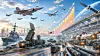 Illustration mit Kampfjets, Drohnen, Kriegsschiff, Fabrik und steigender Grafik für Aerospace & Defence.