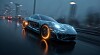 Futuristisches Auto mit leuchtenden Rädern fährt auf nasser Straße bei Regen.