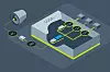 Illustration eines modularen Elektroniksystems mit verbundenen Komponenten und hervorgehobenen Verbindungen.