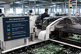 Automatisierte Maschine in einer Fabrikhalle mit sichtbaren Leiterplatten und einem Bediener im Hintergrund.