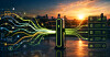 Digitale Datenströme und grüne Icons schweben über einer Stadt bei Sonnenuntergang neben einer zentralen Batteriesäule.