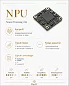 Infografik mit NPU-Chip, Icons und Stichpunkten zu Eigenschaften und typischen Anwendungen.