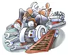 Karikatur eines zerstörten Autos mit sichtbarem Motor und herumliegenden Fahrzeugteilen.