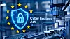 Blaues Sicherheits-Symbol mit Schloss und der Aufschrift „Cyber Resilience Act“ in einer Fabrikumgebung.