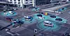 Autos und Transporter an einer Kreuzung mit blauen digitalen Kreisen zur Darstellung vernetzter Verkehrsdaten.