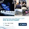Collage mit EFX-Messestand, Gesprächsszene und Außenansicht der Messe Stuttgart.