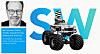Werbegrafik mit blauem SAV-Schriftzug, Offroad-Fahrzeug und Porträt eines Mannes links.