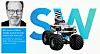 Werbegrafik mit blauem SAV-Schriftzug, Offroad-Fahrzeug und Porträt eines Mannes links.