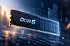3D-Darstellung eines DDR6-Arbeitsspeichers mit blauen Lichteffekten vor digitalem Hintergrund.