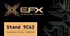 Messestand 9C62 von EFX mit Logo, Eintrittskarte und Leiterplatten-Grafik.