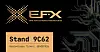 Messestand 9C62 von EFX mit Logo, Eintrittskarte und Leiterplatten-Grafik.