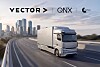 Lkw auf Stadtautobahn vor Skyline mit Logos von Vector, QNX und Coretura