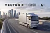 Lkw auf Stadtautobahn vor Skyline mit Logos von Vector, QNX und Coretura