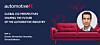 Werbegrafik mit rotem Sofa, Liniengrafik und Porträtfoto vor dunkelblauem Hintergrund.