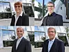Vier Business-Porträts vor einer modernen Glasfassade im Freien.