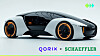 Futuristisches schwarz-weißes Konzeptauto mit orange leuchtenden Rädern und den Logos Qorix und Schaeffler.