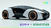 Futuristisches schwarz-weißes Konzeptauto mit orange leuchtenden Rädern und den Logos Qorix und Schaeffler.