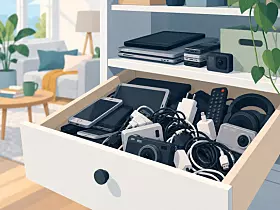 Offene Schublade mit Kameras, Objektiven, Kabeln und Elektronikzubehör in einem hellen Wohnzimmer.