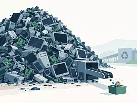 Großer Stapel aus alten Computern und Elektronikschrott neben einem Recyclingcontainer.