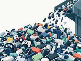 Haufen aus Elektroschrott mit Geräten, Kabeln und Batterien in einer Recyclinganlage.