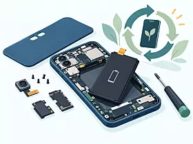 Zerlegtes Smartphone mit Einzelteilen und Schraubendreher auf weißem Hintergrund.