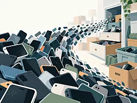Haufen aus gebrauchten Smartphones und Tablets in einem Lagerraum mit offenen Kartons und Regalen.