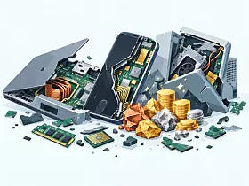 Zerlegte Computerhardware mit Goldmünzen, Chips und Platinen auf hellem Hintergrund.