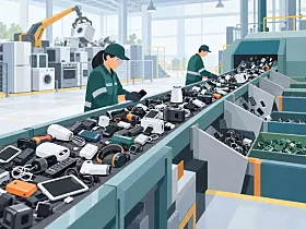 Moderne Fabrikhalle mit automatisierter Montagelinie, Robotern und zwei Arbeitern bei der Qualitätskontrolle.