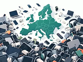 Stilisierte Europakarte umringt von vielen digitalen Geräten auf hellem Hintergrund.