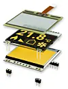 Mehrschichtiges elektronisches Displaymodul mit Leiterplatten und gelber Anzeige auf weißem Hintergrund.