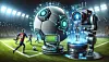 Zu sehen sind ein Ball voller Sensoren, eine smarte Kamera und eine künstliche Intelligenz als Trainer. Die Szenen illustrieren die umfangreiche Nutzung von Technologie im Fußballspiel, mit einem Ball, der sichtbare Sensoren hat, einer hochmodernen Kamera und einem holografischen KI-Trainer, der Taktiken und Strategien anzeigt. Im Hintergrund ist ein Fußballfeld mit Torpfosten und spielenden Spielern abgebildet.