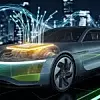 Ein futuristisches Auto mit einem transparenten oder halbtransparenten Motorraum, in dem ein leuchtender Mikrochip oder eine Platine als Gehirn dient. Von dem Chip gehen leuchtende elektrische Verbindungen aus, die neuronalen Netzen ähneln, die sich durch das gesamte Fahrzeug ziehen und verschiedene Systeme steuern. Der Hintergrund ist eine futuristische nächtliche Stadtlandschaft mit digitalen Lichtmustern und fließenden Datenströmen, die die Verbindung des Autos mit seiner Umgebung symbolisieren. Das Auto selbst hat ein modernes, aerodynamisches Design mit holografischen Anzeigen und leuchtenden Elementen, die die fortschrittliche Technologie betonen. Die Hightech-Atmosphäre wird durch blaue und grüne Neonlichter verstärkt, die den futuristischen Look unterstreichen. Übersetzt mit DeepL.com (kostenlose Version)