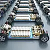 3d rendering group of electric cars with pack of battery cells module on platform in a row